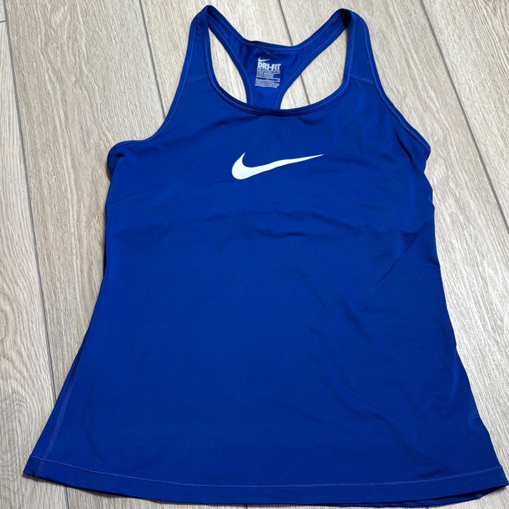 Nike Dri Fit Racer Back Tank Top Blue White Swoosh Size Large Sporty